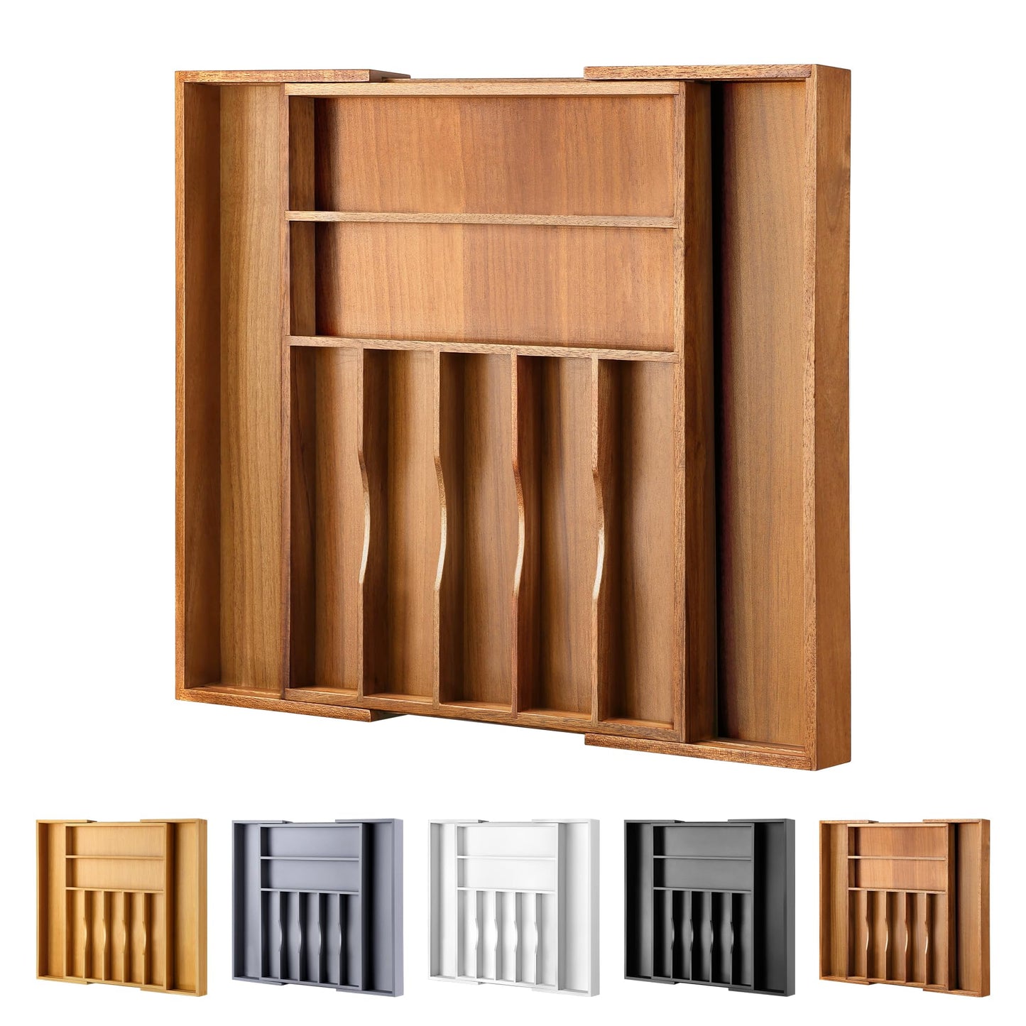 oridom Expandable Bamboo Kitchen Drawer Organizer for Cutlery and Utensils, Adjustable Bamboo Wood Cutlery Tray in Drawer for Flatware and Silverware in Kitchen, (White)