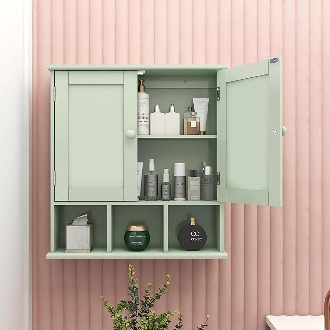 TaoHFE Green Bathroom Cabinet,Bathroom Wall Cabinet with 2 Door Adjustable Shelves,Over The Toilet Storage Cabinet,Green Bath Room Cabinet Wall Mounted,Medicine Cabinets for Laundry Kitchen