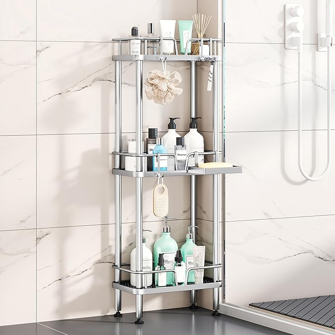 HapiRm Standing Corner Shower Caddy - 3 Tier Corner Shower Organizer with Soap Holder, Rustproof Stainless Steel Bathroom Shelf with 4 Hooks, Silver