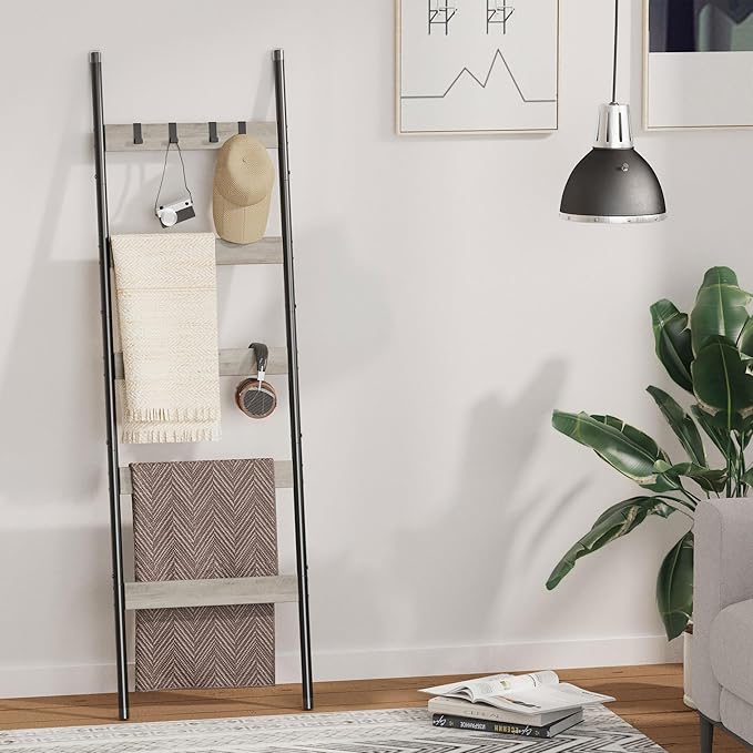 Blanket Ladder, 5-Tier Towel Holder with 4 Removable Hooks, Farmhouse Wall Leaning Decorative Rack Shelf, Wooden Towel Display Rack, Quilt Ladder for Living Room, Bedroom, Greige