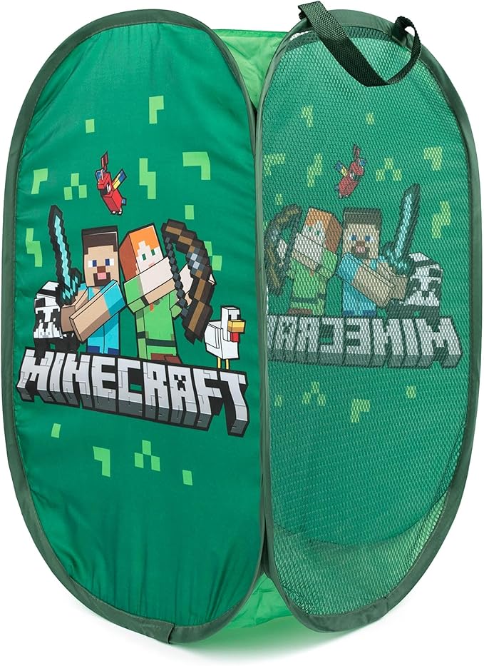 Jay Franco Minecraft Pop Up Hamper - Mesh Video Game Laundry Basket Bag with Durable Handles - Storage for Clothes or Toys