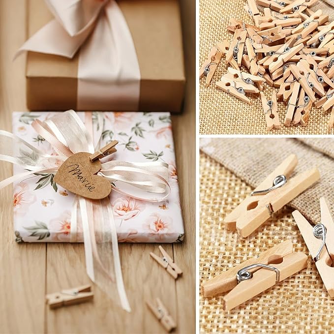 Mini Clothespins, Mini Clothes Pins for Photo Natural Wooden Small Picture Clips for Crafts 1 Inch 300 PCS Tiny Pegs with Jute Twine String Decorative Wood Clips for Wall Hanging Pictures