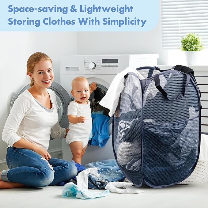 DUCOO Pop Up Hamper, 1 PCS Mesh Pop Up Laundry Hamper, Foldable Mesh Laundry Basket with Space-Saving Design for Home, Dorm, Travel & Storage - Blue