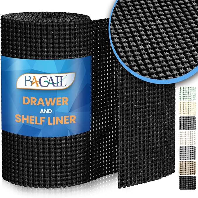 BAGAIL Drawer and Shelf Liner, 20 in X 10 Ft Non-Adhesive Shelf Liners for Kitchen Cabinets, Thick Strong Grip Liners for Desk, Shelves, Bathroom Drawers, Cabinet Protection - Black