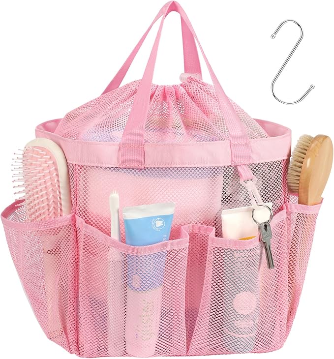 F-color Mesh Shower Caddy Portable with Drawstring - Large 8 Pockets Dorm Room Essentials for Guys Girls with S Hook, Shower Bag Basket Tote for College Camping Gym Travel Toiletry Bathroom, Pink