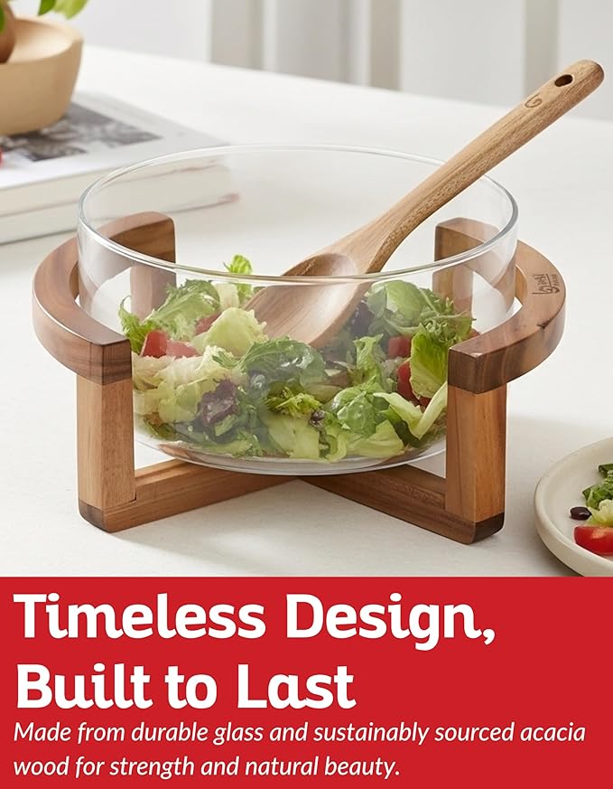 Boxiki Kitchen Large Glass Salad Bowl Set with Acacia Wood Stand, Serving Spoon and Fork, 11 Inch Clear Glass Mixing Bowl for Pasta Fruits Veggies, Elegant Dinner Table Centerpiece Serving Dish