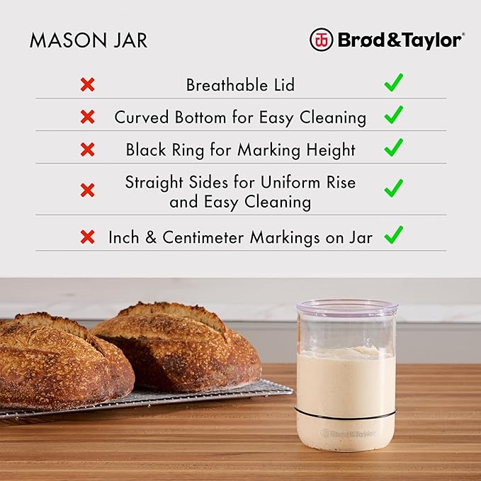 Brod & Taylor Sourdough Starter Jar (32oz) 100% Dishwasher Safe, Measurement Markings, Height Marker & Loose-Fitting Lid That Prevents Pressure Buildup (Durable Glass Jar, BPA-Free)