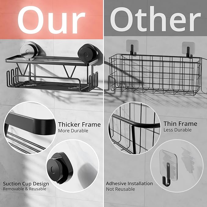 KEGII Suction Cup Shower Caddy, 2 Pack Shower Suction Shelf with Soap Holder & Hooks, No Drilling Bathroom Organizer, Stainless Steel Shampoo Holder for Bathroom Storage Basket, Black