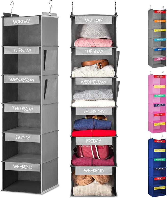 Handy Laundry Hanging Clothes Organizer for Kids - 6-Shelf Closet Daily Clothing Organization Labeled Shelves with Days of The Week Monday Through Friday, Weekday and Weekend (Grey)