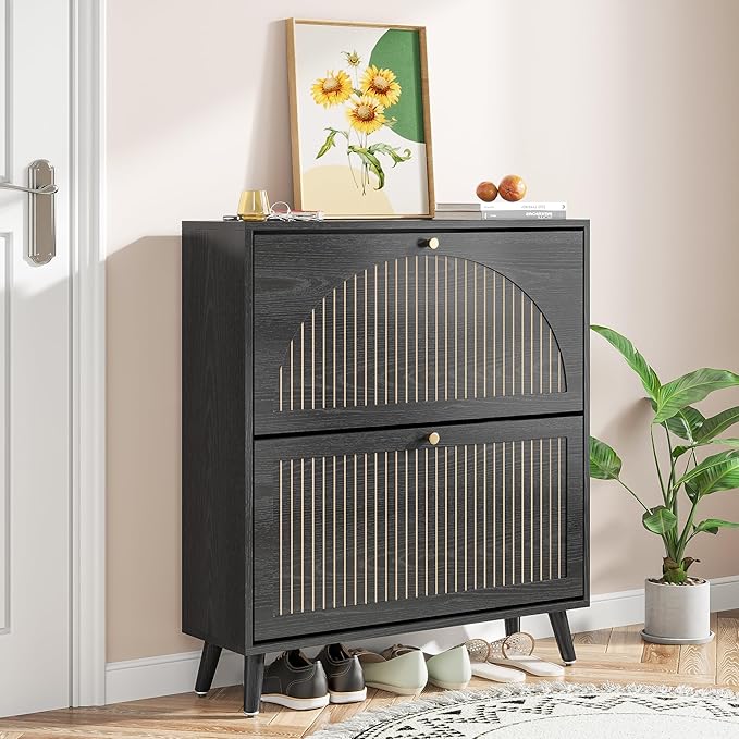 Shoe Storage Cabinet for Entryway with 2 Flip Drawers, Narrow Wood Shoe Cabinet with Fluted Panel, Freestanding Hidden Shoe Organizer for Foyer, Hallway (Black - with Shelf)