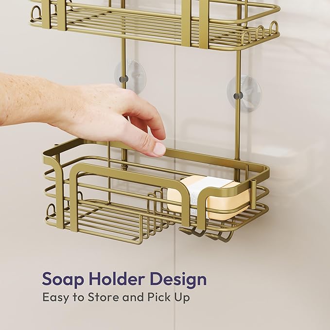 SWTYMIKI Shower Caddy Hanging Organizer - Over the Door Shower Caddy with Soap Holder, 11 Hooks, 2 Installation Ways, Stainless Steel Rustproof Bathroom Organizer, Gold