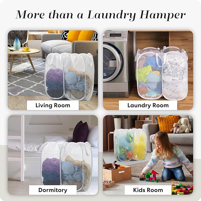 Handy Laundry Mesh Popup Hamper - Two Compartments, Collapsible for Storage and Easy to Open. Folding Pop-Up Clothes are Great for The Kids Room, College Dorm or Travel. (White)
