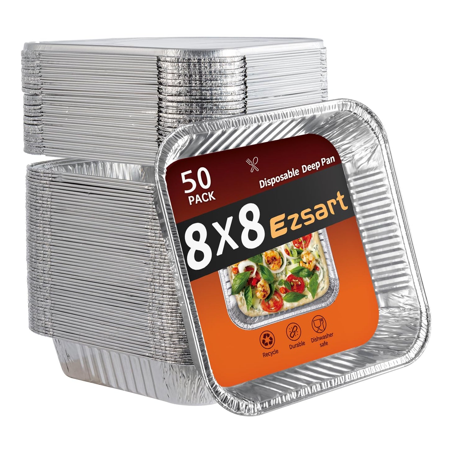 Ezsart 50 Pack 8x8 Aluminum Pans, 8x8 Baking Pan Disposable Foil Pans