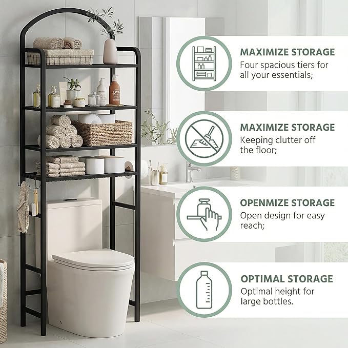 4-Tier Over The Toilet Storage, Bathroom Organizer, Space-Saving, Above Toilet Storage Rack with 4 Hooks and Paper Holder, Metal Shelf, Black