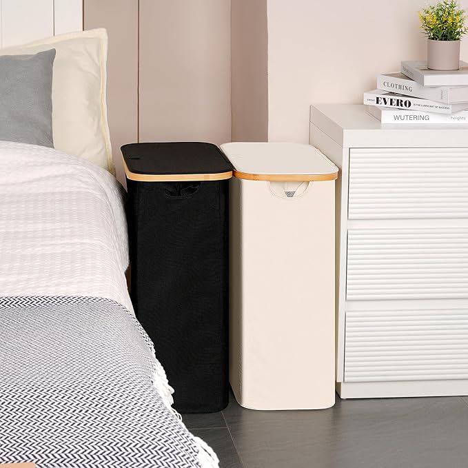 efluky Slim Laundry Basket with Lid, Narrow Laundry Hamper with Removable Bag, Skinny Dirty Clothes Basket with Bamboo Handles for Bathroom, Bedroom & Laundry Room, 65L Beige
