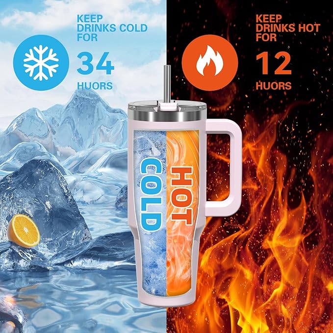 40 oz Tumbler with Handle,Tumbler with Lid and Straw,Double Wall Insulated Cup Stainless Steel Travel Mug(Cold for 34 Hours),Water Bottle for Iced Tea,Coffee,Cold Beverages(Rose Quartz)