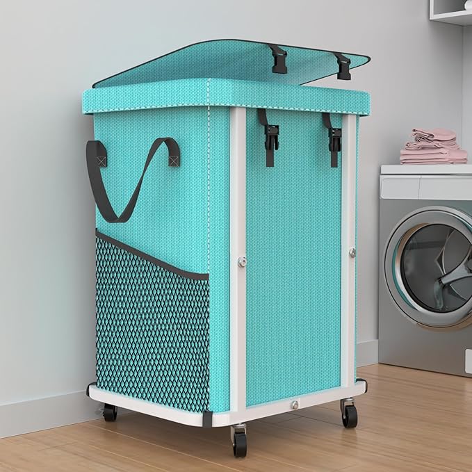40 Gal(150L) High Grade Large Laundry Basket with Wheels, Rolling Laundry Hamper, Laundry Cart with Metal Frame and Removable Bag Design, Suitable for Laundry Room, Bedroom (Blue, 150L)