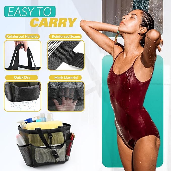 Mesh Shower Caddy Portable for College Dorm Room Essentials with 8 Pockets, Shower Bag for Beach, Swimming, Gym, Travel, Bathroom(Black)