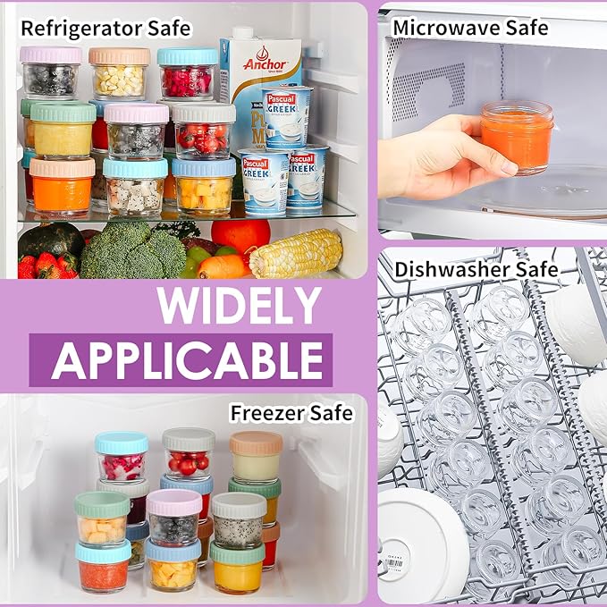 DRKIO 12 Pack Glass Baby Food Storage Containers - 4 Oz Baby Food Jars with Lids Baby Food Maker Microwave Dishwasher Freezer Safe 100% Leak Proof BPA Free Reusable