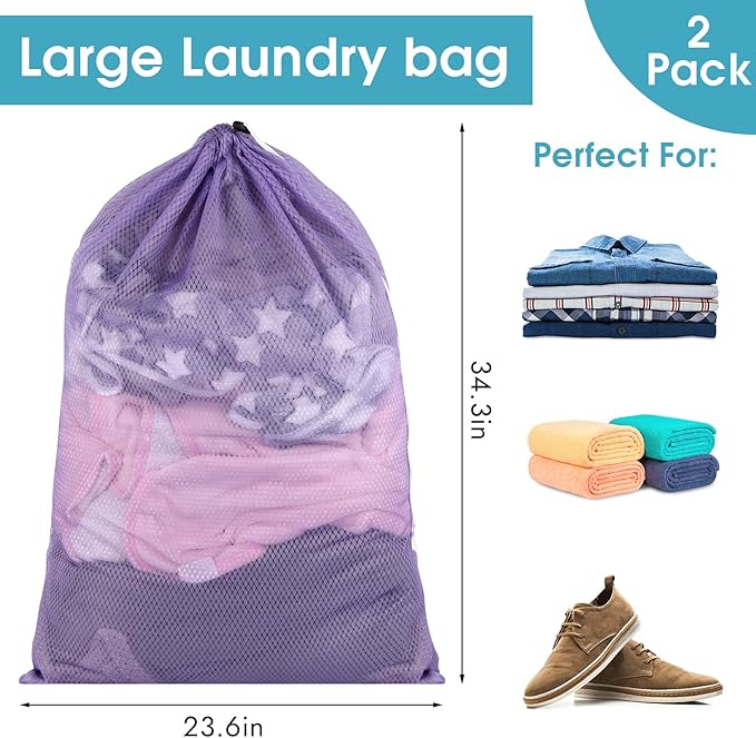 2 Pack Mesh Laundry Bags, 23 x 34 Inches Heavy Duty Mesh Laundry Bag, Large Laundry Drawstring Bag for College, Dorm, Travel, Family and Apartment Dwellers, Purple