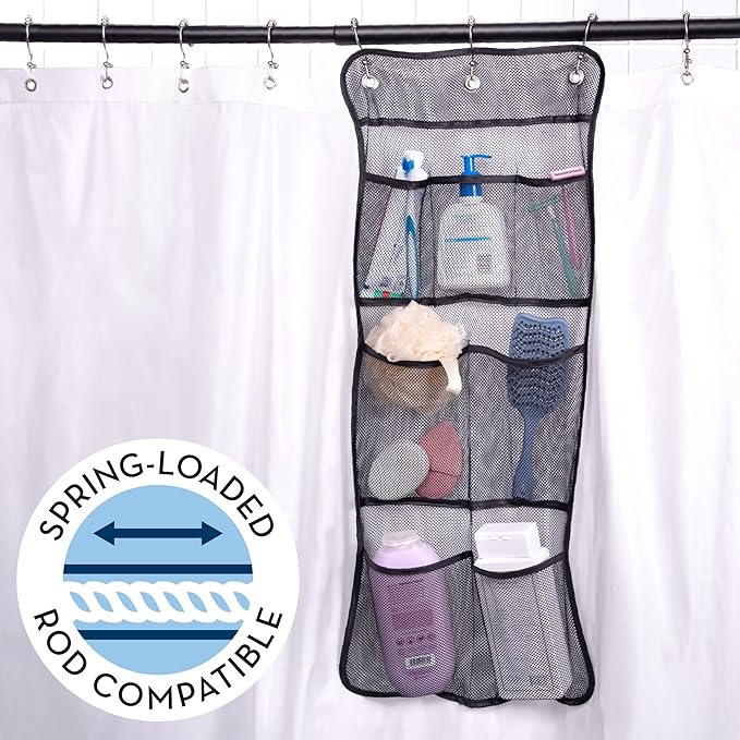 S&T INC. Shower Organizer, Shower Caddy or Bathroom Organizer with Quick Drying Mesh, 7 Pockets to Hold Shampoo, Soap, Loofah, and Cruise Ship Essentials, 14 Inch by 30 Inch, Black, 1 Pack