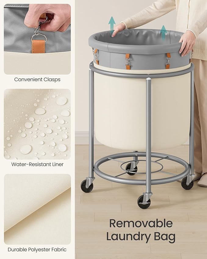 SONGMICS 50.2-Gallon (190 L) Laundry Basket with Wheels, Rolling Round Heavy-Duty Laundry Hamper Cart with Steel Frame and Removable Bag, 2 Locking Wheels, Dove Gray and Cream White URLS001GD02