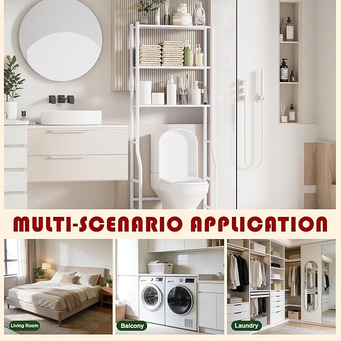 3-Tier Over Toilet Storage Rack, Metal Over Toilet Bathroom Organizer Shelf, Freestanding Space Saver Storage Shelves for Bathroom/Laundry/Living Room (White)