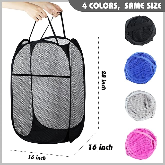 Collapsible Pop Up Laundry Hamper, Extra Large Mesh Foldable Laundry Basket, 28" x 16" x 16"(Black)
