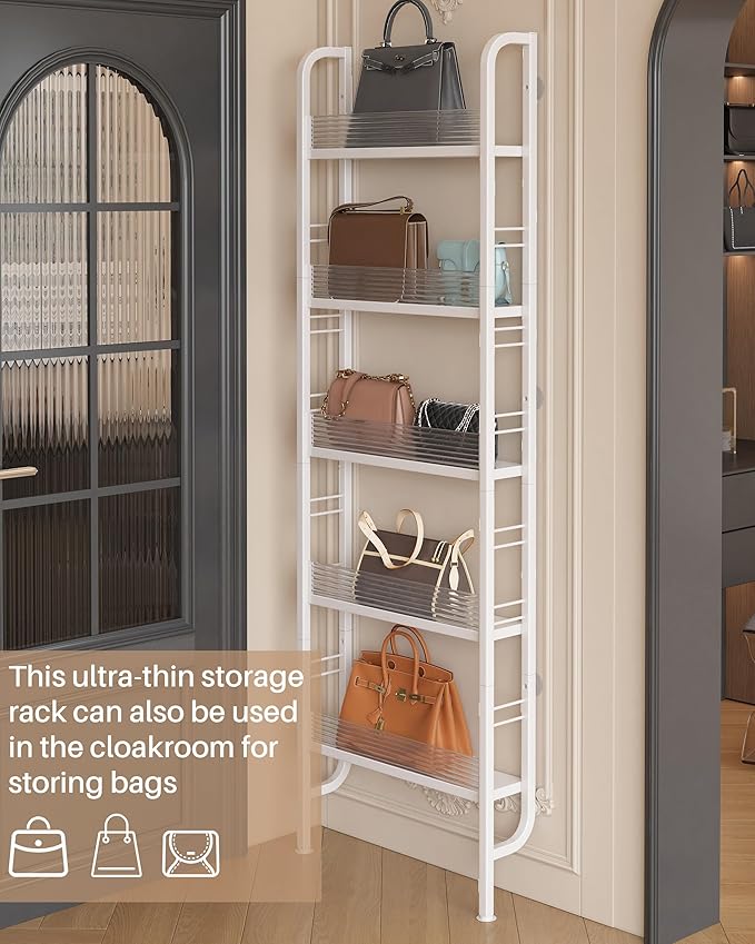 UMDONX Behind The Door Bathroom Shelf Narrow 5-Tier, Slim Space-Saving Storage Shelf, Freestanding Narrow Shelving Unit for Bathroom, Kitchen, Closet and Laundry Room