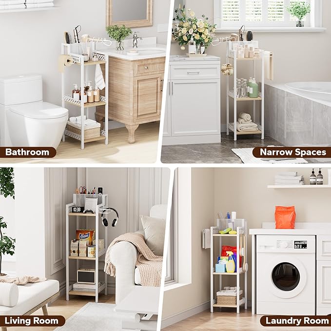 Slim Bathroom Storage Shelf Unit, 3 Tier Corner Storage, Rustic Makeup Organizer, Space-Saving Floor Standing Storage Shelves for Bathroom, Vanity,Kitchen, Laundry 9.85im Matte White