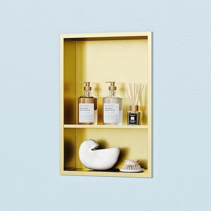 Neodrain Golden 12X18 Inch Double Shelf Stainless Steel Shower Niche, No Tile Needed Bathroom Niches, 2-Tier Recessed Wall Niche for Shower