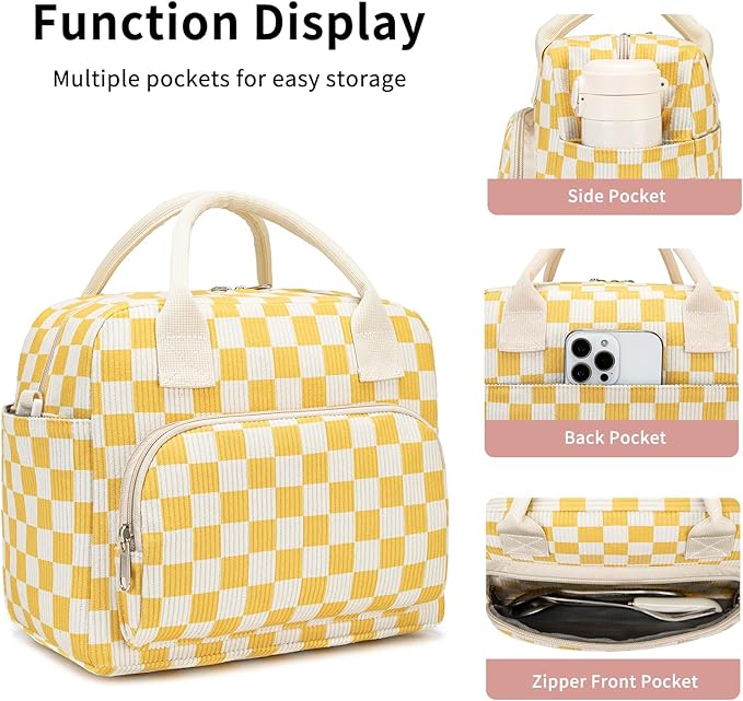 Lunch Bag Women Lunch Box for Women Adult Cute Insulated Lunch Bag Lager Cooler Lunch Tote Bags for Work Picnic (Beige-Yellow Plaid)