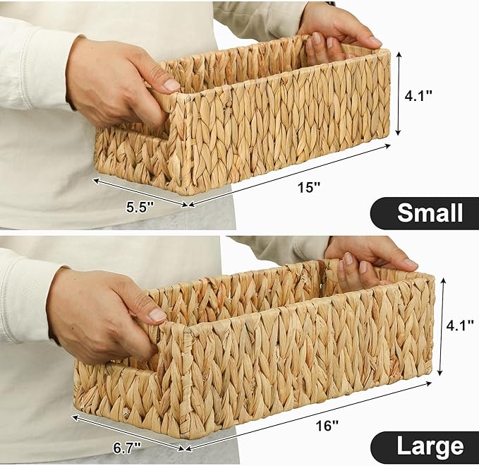 Nesting Small Wicker Basket, Water Hyacinth Toilet Paper Baskets Bathroom Organizer Woven Long Narrow Baskets for Organizing Pantry Bathroom Toilet Tank, 2 Pack