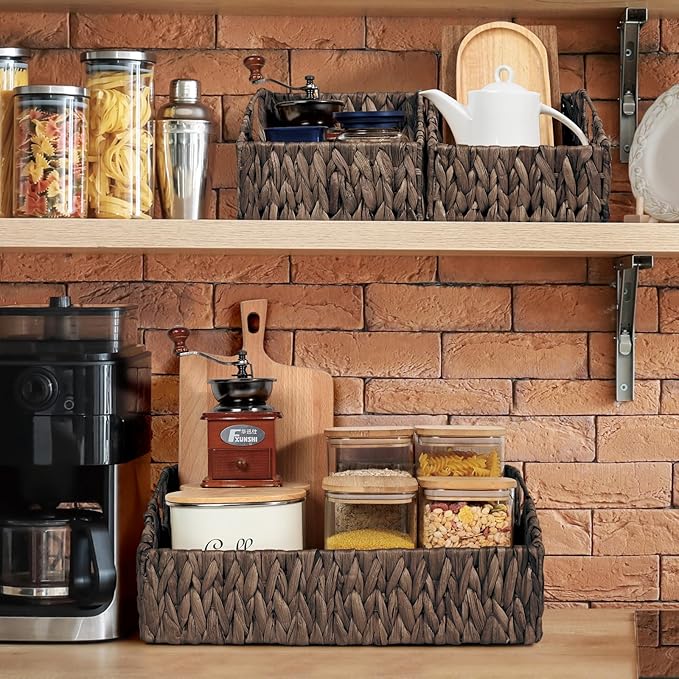Ollieroo Rattan Storage Baskets, Handwoven Wicker Storage Bins with Built-in Handles, Storage Container Baskets for Shelves, Bedroom, Bathroom, Laundry Room or Kitchen(Black)