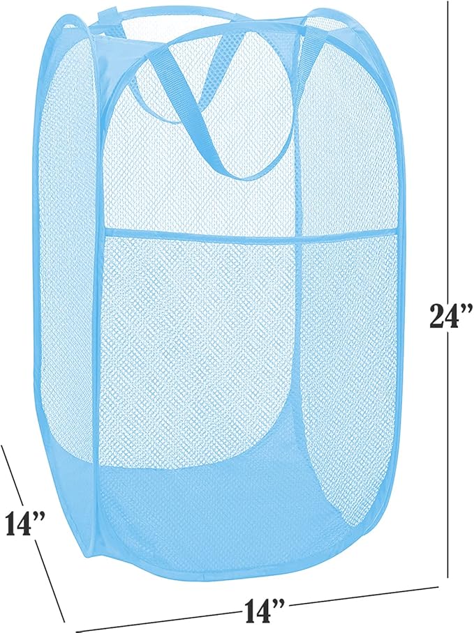 BATTOO Deluxe Strong Mesh Pop up Laundry Hamper Basket with Side Pocket Foldable Hamper for Laundry Room, Bathroom, Kids Room, College Dorm or Travel Light Blue