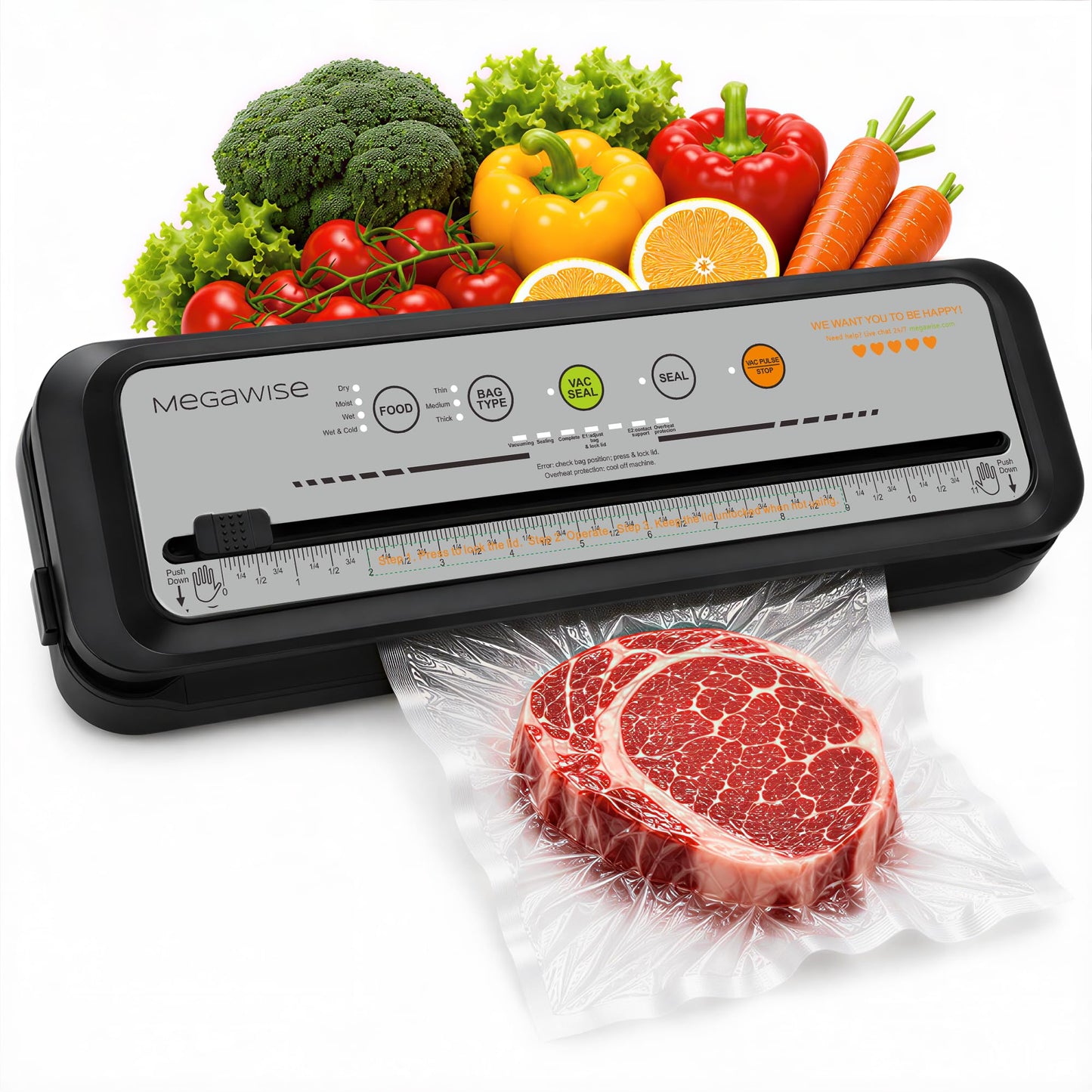 MegaWise Vacuum Sealer Machine, 80kPa Powerful Suction, One-Touch Automatic Food Sealer with Built-in Cutter & Bags Included, Dry Moist Modes for All Saving needs