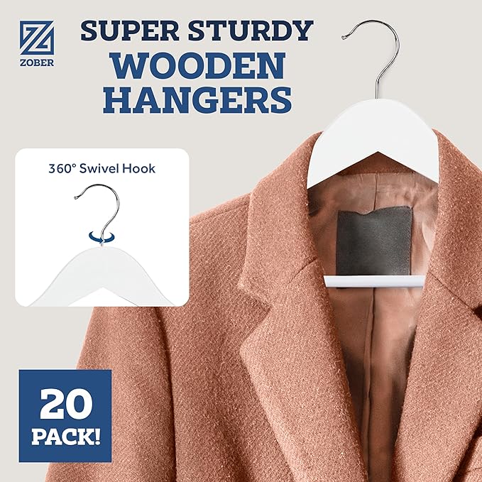 ZOBER White Wooden Hangers - Heavy Duty, Non Slip Wood Hangers for Coats, Jackets, Suits, & Pants - Coat Hangers for Closet W/Bar and Notches 20 Pack