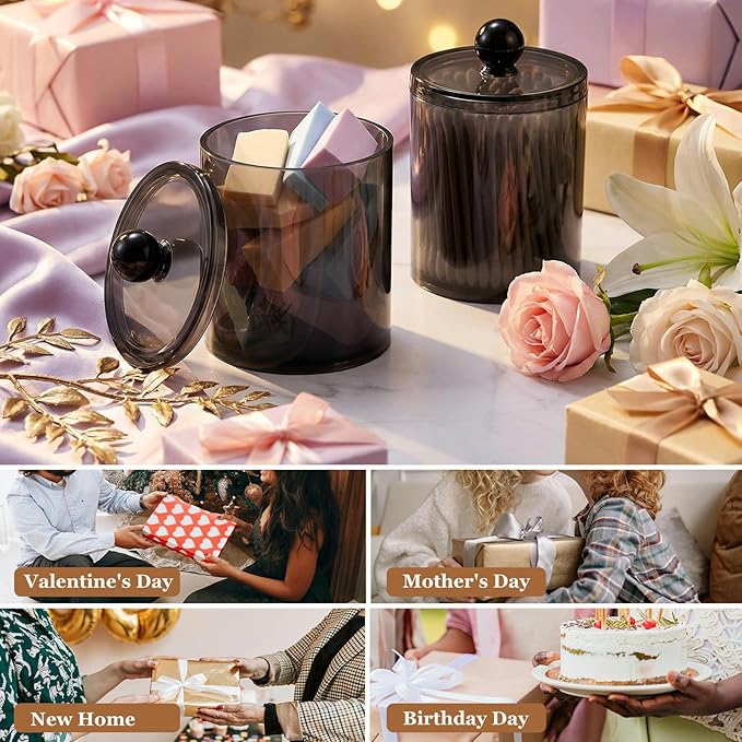 SheeChung 8-Pack Qtip Holder,Black Acrylic Canister Apothecary Jars with Lids & 12 Labels - (4) 10oz & (4) 12oz Plastic Canisters Bathroom Storage Set - Shatterproof Qtip Holder for Home Organization