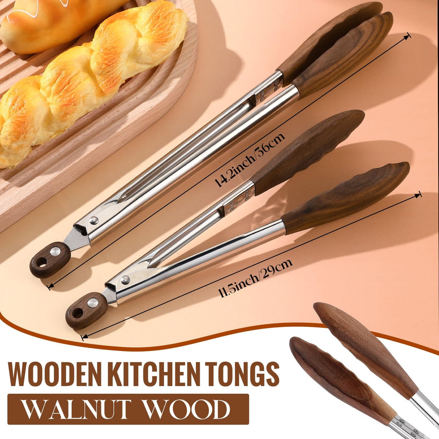 Baderke 2 Pcs Wooden Kitchen Tongs, 11.4 Inch, Olive Wooden