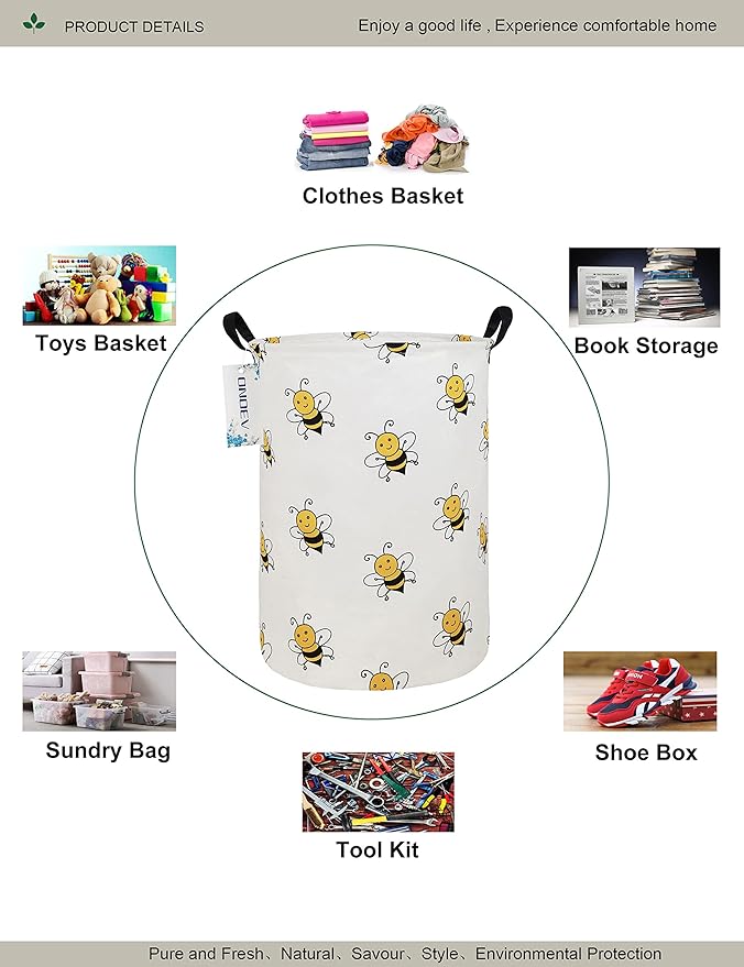 Round Folding Laundry Hamper, Canvas Basket,Nersury Hamper,Suitable for Children,Office,Bedroom,Clothes,Toys Storage（Bee）
