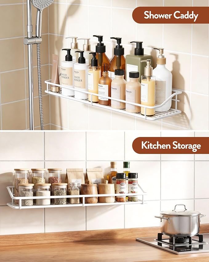 Orimade Bathroom Shelf Organizer Shower Caddy Storage Kitchen Rack with Traceless Transparent Adhesive No Drilling SUS304 Stainless Steel, 15.75inch, White