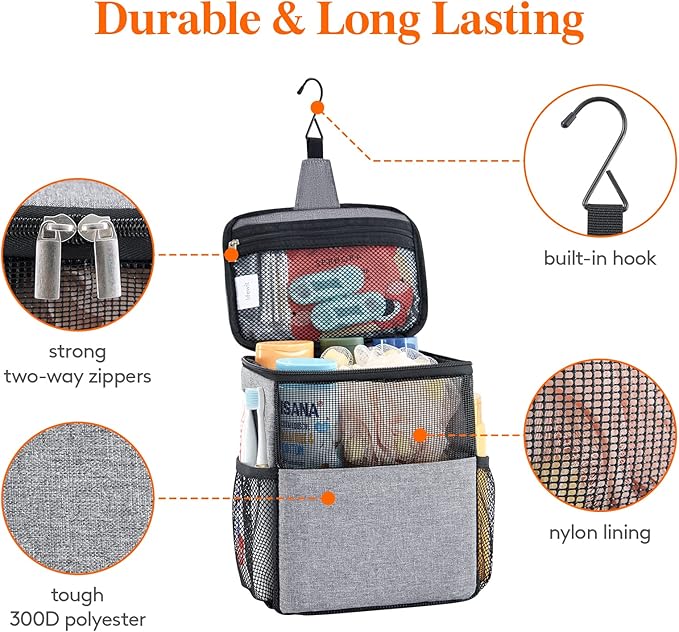 Lifewit Mesh Shower Caddy Bag Portable for College Dorm Room Essentials, Hanging Organizer Basket, Quick Dry Tote Bag for Camping, Bathroom, Beach, Travel, Medium, Grey