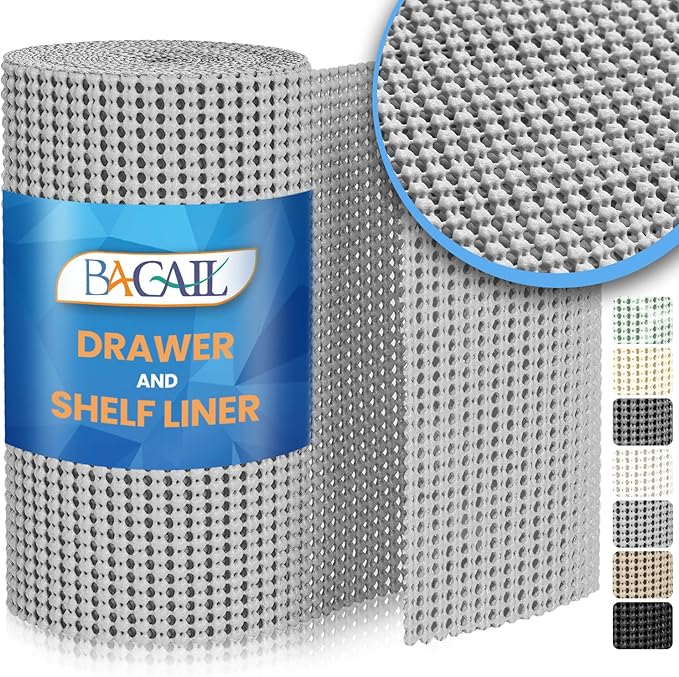BAGAIL Drawer and Shelf Liner, 17.5 in X 20 Ft Non-Adhesive Shelf Liners for Kitchen Cabinets, Thick Strong Grip Liners for Desk, Shelves, Bathroom Drawers, Cabinet Protection - LightGrey