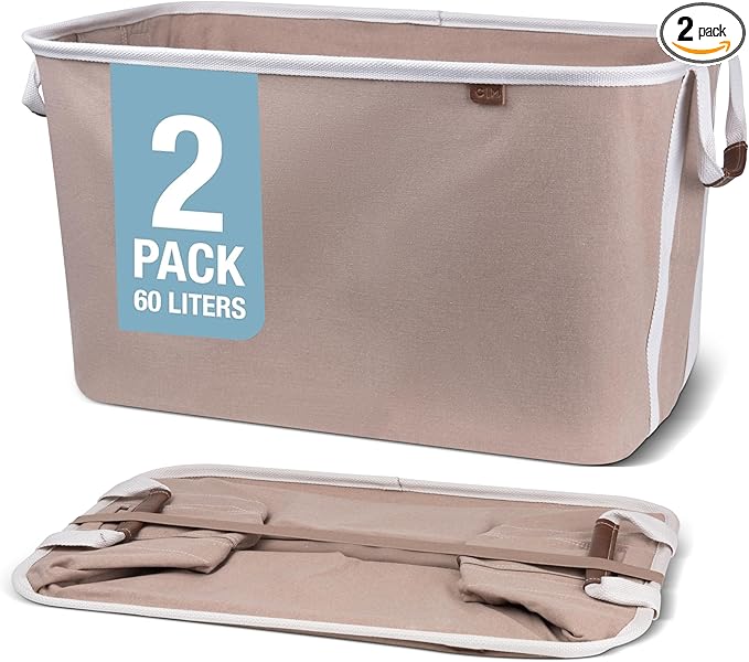 CleverMade Collapsible Laundry Basket LUXE 2 Pack – 60L (16 Gal) Foldable Cotton Blend Clothes Hamper with Vegan Leather Accents, Reinforced Handles, Space Saving Laundry Bin Holds 55 lbs - Mocha
