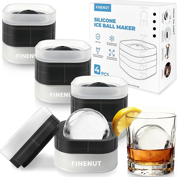 FINENUT Easy Release Ice Ball Maker Mold, 4 Pack, 2.5 Inch Large Round Ice Cube Mold for Whiskey & Cocktails, Stackable Lid, Reinforced Leak-Resistant Silicone, BPA-Free