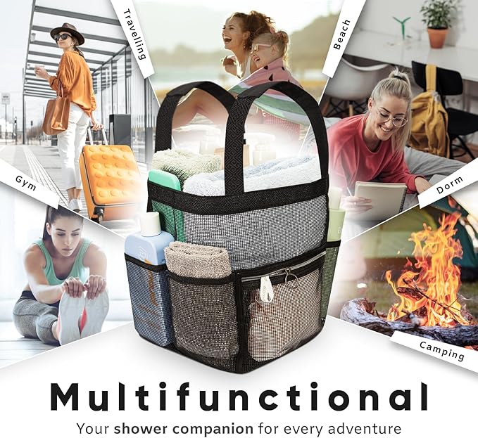 Mesh Shower Caddy Dorm, 7 Pockets & 1 with Zipper, Shower Tote with Padded Handles, Travel Portable, Shower Caddy College Room Essentials, Bathroom Shower Bag (Black)