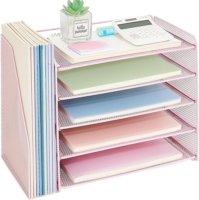 OPNICE 5-Tier Paper Organizer with Magazine Holder, Desk Organizers and Accessories, Office Desk Accessories & Workspace Organizers, Desktop File Organizer for Office Supplies Storage, Pink