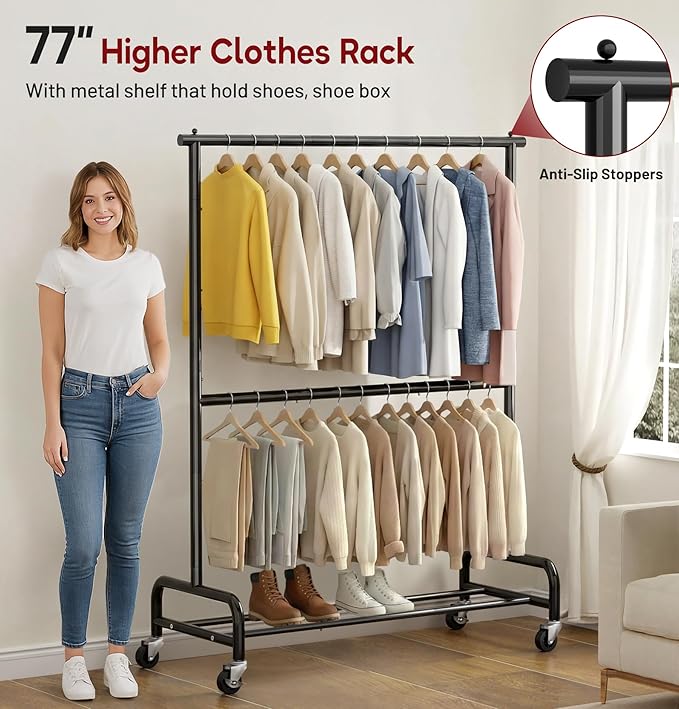 SLEEPING LAMB Heavy Duty Clothes Rack with Wheels, Metal Rolling Garment Rack for Hanging Coats, Shirts (Black)