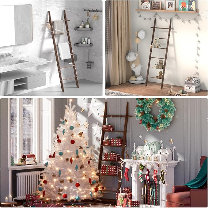 Farmhouse 6 Ft Wooden Blanket Ladder with Removable Hooks, 6-Tier Rustic Blanket Rack Decorative Stand, Leaning Towel Quilt Rack Holder for Bathroom Living Room Decor Brown
