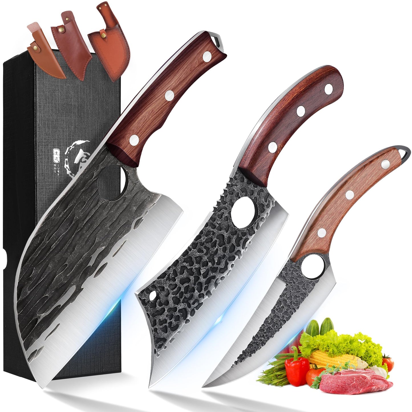 ROCOCO Butcher Cleaver Knife Set - 13PCS Serbian Chef Viking Boning Knife